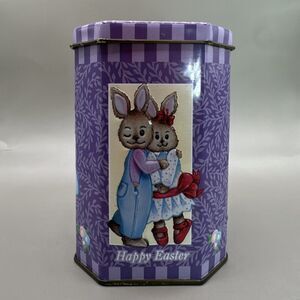 Meister Easter Bunny Decorative Tin Purple Metal Container  Collectible 5’’